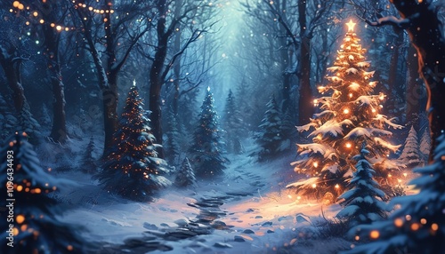 Magical forest with sparkling christmas trees and glowing lights, festive holiday atmosphere photo