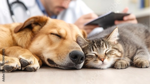 Feline and Canine Companions Napping in Veterinary Office
