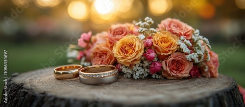 Elegant wedding rings alongside a stunning floral bouquet on a rustic stump at sunset, perfect for romantic celebration imagery. photo