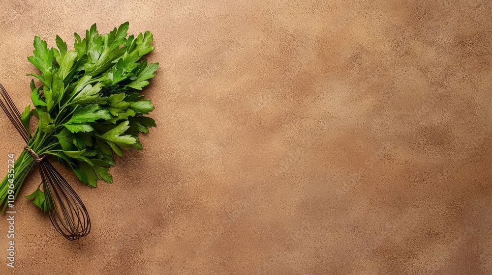 a bunch of fresh parsley with a whisk on a brown background The parsley is a vibrant green color and the whisk is a light brown color The background is a warm bro a bunch of fresh parsley with a whisk on a brown background The parsley is a vibrant green color and the whisk is a light brown color The background is a warm bro