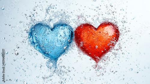  two red and blue hearts splashing in water on a white background The hearts are vibrant and the water droplets are glistening in the light, creating a beautiful co