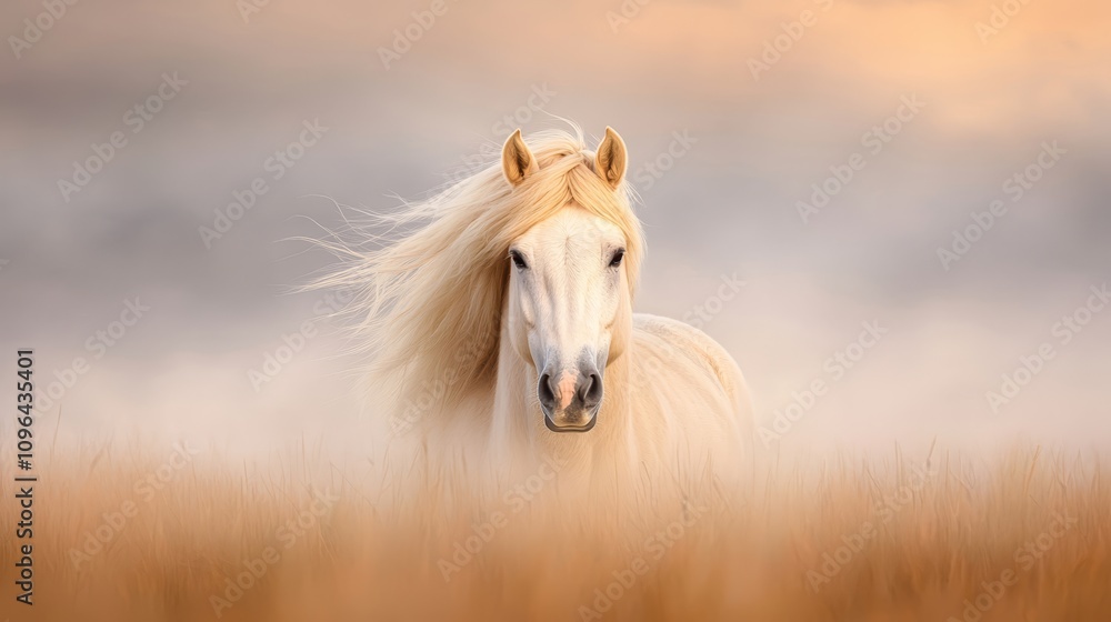 a white horse standing in a field of tall grass, with a blurred background a white horse standing in a field of tall grass, with a blurred background