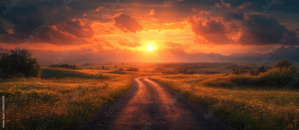 Breathtaking sunset landscape with winding road through fields and vibrant clouds in a tranquil rural setting during golden hour Breathtaking sunset landscape with winding road through fields and vibrant clouds in a tranquil rural setting during golden hour