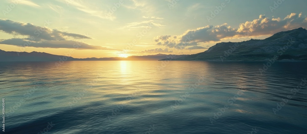 Obraz premium Serene dawn light over tranquil coastal waters reflecting soft clouds and distant hills with gentle waves creating a peaceful atmosphere