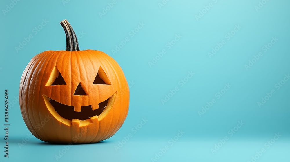 a Halloween pumpkin with a jack-o'-lantern face carved into it, set against a blue background a Halloween pumpkin with a jack-o'-lantern face carved into it, set against a blue background