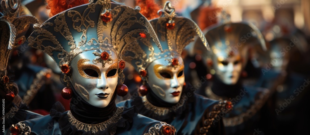 Elegant carnival masks and costumes display during the vibrant celebration in St Mark's Square in Venice capturing the festive atmosphere Elegant carnival masks and costumes display during the vibrant celebration in St Mark's Square in Venice capturing the festive atmosphere