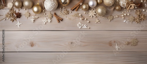 Neutral colored Christmas decorations elegantly arranged on wooden background for festive flat lay composition