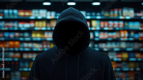 Anti tracking protection concepts. A shadowy figure in a hood stands in front of a brightly lit shelf filled with products, creating an eerie and mysterious atmosphere.