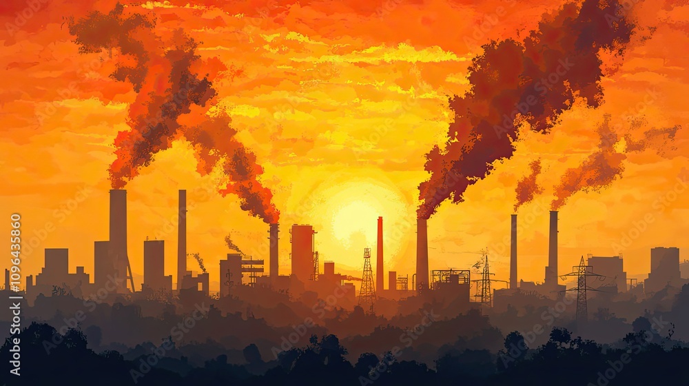 Obraz premium Industrial Sunset with Smoke Plumes Rising from Factory Chimneys