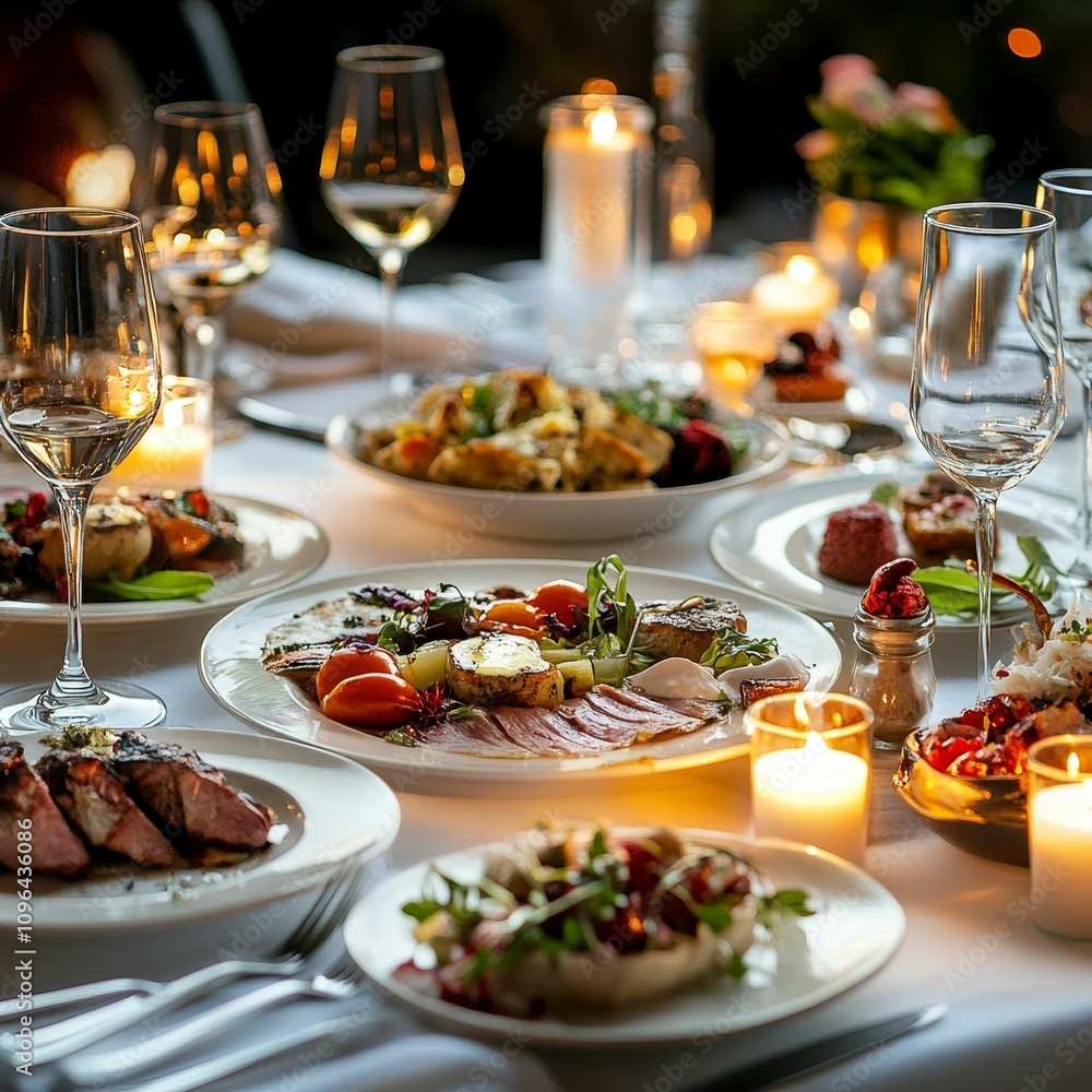 Romantic dinner, candlelit table, delicious food. Romantic dinner, candlelit table, delicious food.