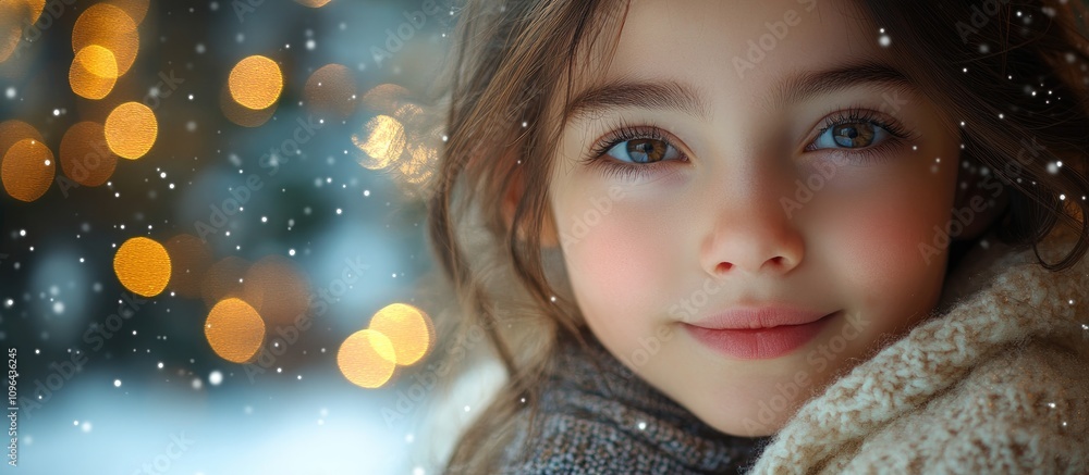 Joyful child with winter bokeh background wearing cozy sweater celebrating festive season in a warm family atmosphere Joyful child with winter bokeh background wearing cozy sweater celebrating festive season in a warm family atmosphere