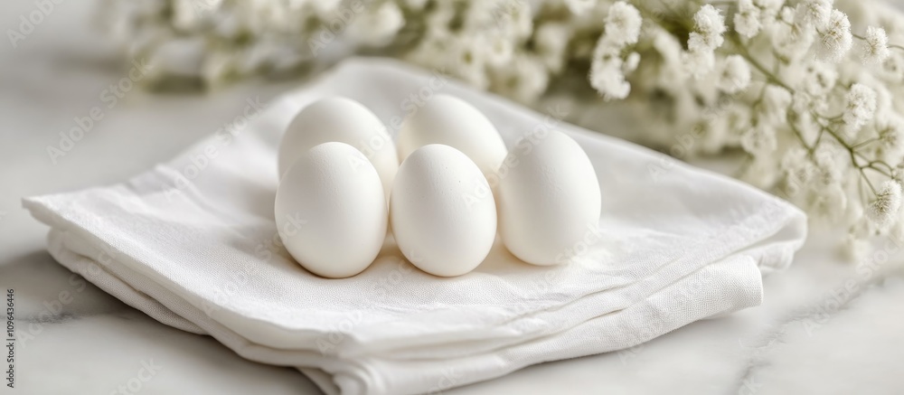 White eggs arranged on a soft napkin with delicate floral accents for a serene Easter celebration setting. White eggs arranged on a soft napkin with delicate floral accents for a serene Easter celebration setting.