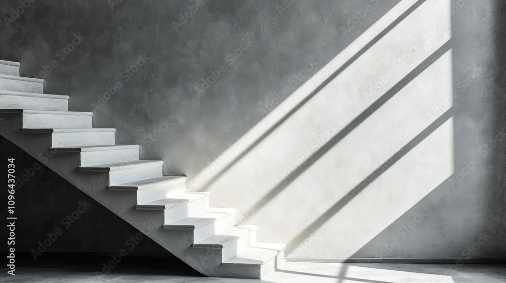 Fototapeta premium a white staircase in an empty room with a wall in the background The stairs lead up to the top of the image, and the floor is visible at the bottom
