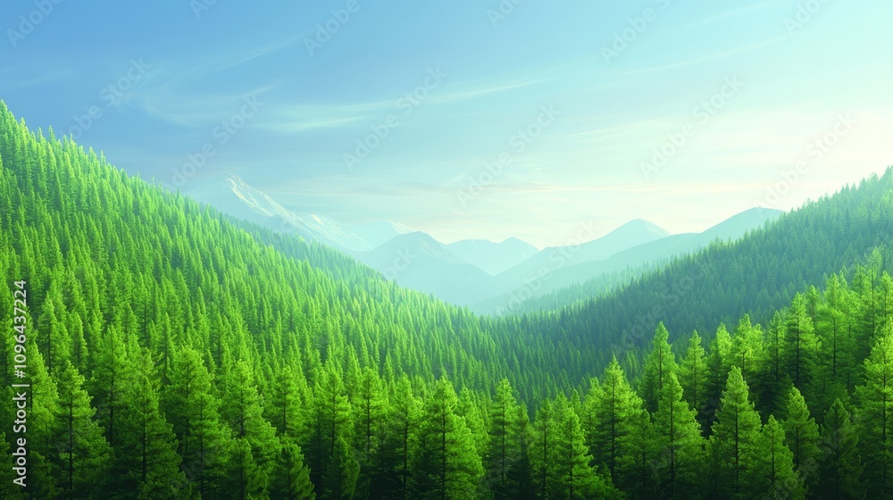 a lush green forest with tall trees and majestic mountains in the background, set against a bright blue sky a lush green forest with tall trees and majestic mountains in the background, set against a bright blue sky