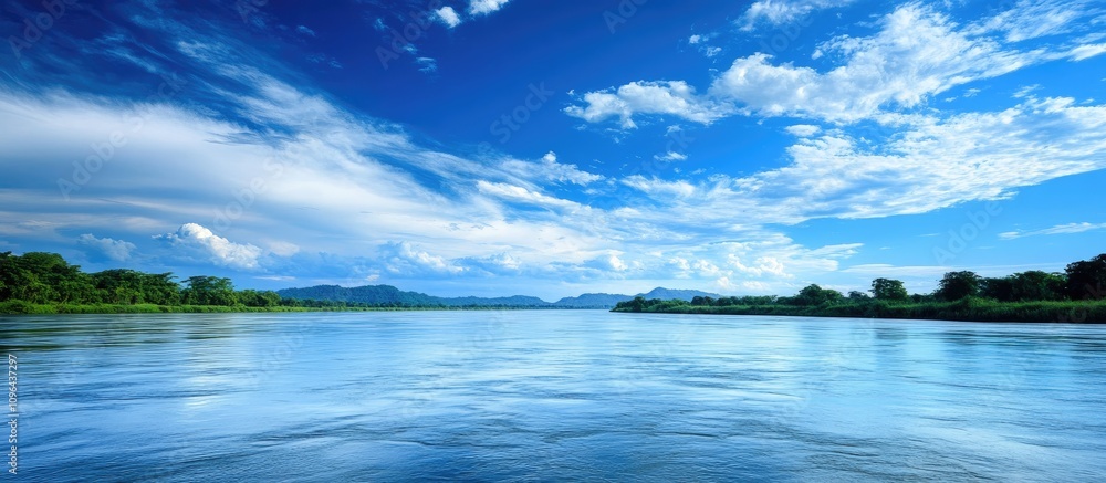 Fototapeta premium Serene landscape with vibrant blue river reflecting a wide sky filled with fluffy clouds and lush greenery bordering the water's edge