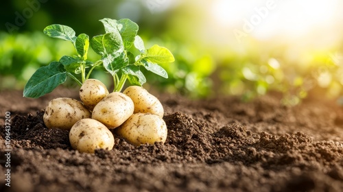  a bunch of potatoes growing out of the ground in a field, with a blurred background The potatoes are likely being grown in the soil, and the image could be interpr