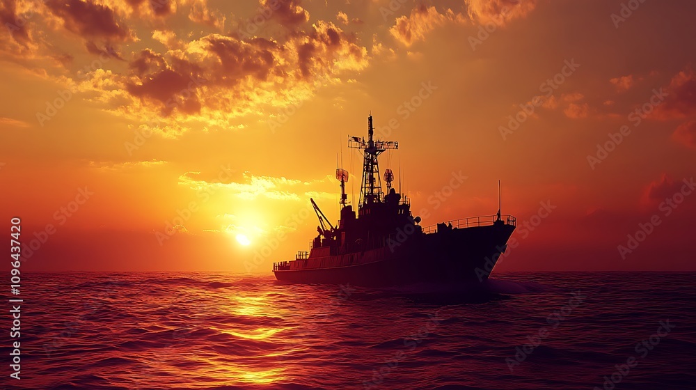 A ship silhouetted against a vibrant sunset over calm waters. A ship silhouetted against a vibrant sunset over calm waters.