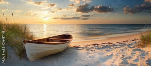 Fototapeta Naklejka Na Ścianę i Meble -  Serene summer evening with a rowing boat on a beach by the water under a colorful sunset sky and gentle waves on the shore.