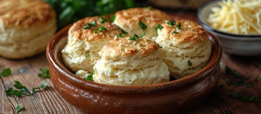 Home baked biscuits topped with shredded cheese and fresh herbs in a rustic clay bowl on a wooden table Home baked biscuits topped with shredded cheese and fresh herbs in a rustic clay bowl on a wooden table