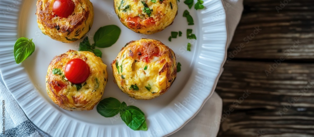Delicious healthy breakfast muffins with vegetables and cherry tomatoes on a rustic wooden table top view Delicious healthy breakfast muffins with vegetables and cherry tomatoes on a rustic wooden table top view