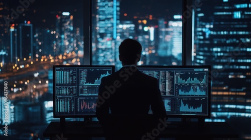 A business professional analyzing data in a high-rise office with city lights at night.