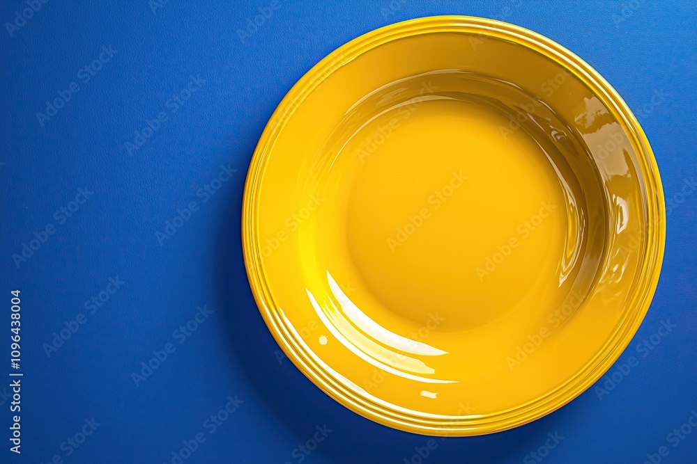 Bright yellow plate on a vivid blue background, showcasing vibrant colors and simplicity. Bright yellow plate on a vivid blue background, showcasing vibrant colors and simplicity.