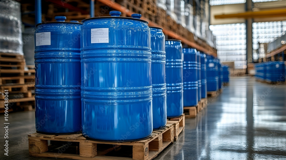 Blue Barrels Stored on Pallets in Warehouse Blue Barrels Stored on Pallets in Warehouse
