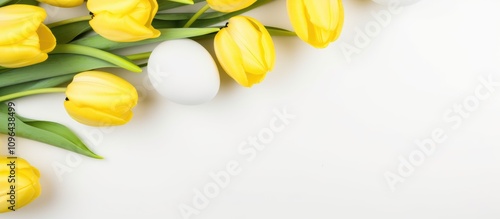 Easter eggs and vibrant yellow tulips arranged on a clean white background with ample copy space for seasonal messaging or greetings. photo