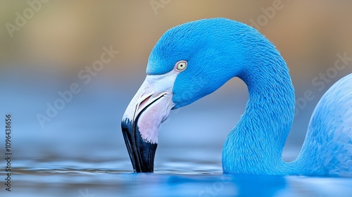 a blue flamingo swimming in the water with its beak open, its feathers glistening in the sunlight The background is slightly blurred, giving the bird a sense of fo