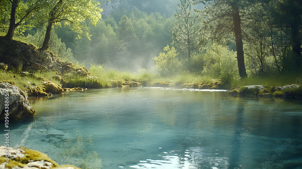 Fototapeta premium Serene Forest Pool. Crystal Water, Misty Dawn