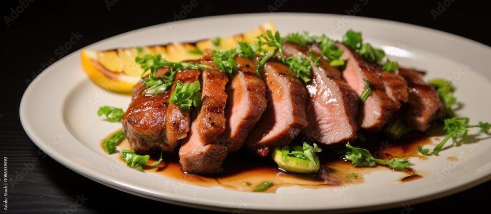 Pan-Seared Duck Breast with Garlic Herb Garnish and Grilled Lemon Slices Elegant Entree or Appetizer Presentation on Rustic Plate Pan-Seared Duck Breast with Garlic Herb Garnish and Grilled Lemon Slices Elegant Entree or Appetizer Presentation on Rustic Plate