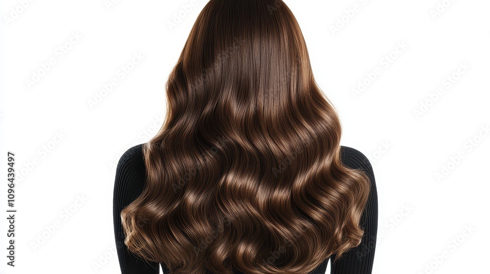Fototapeta premium Beautiful model girl with Brown hair strand,silky healthy chestnut wavy hair strand isolated on white background,hair wavy ribbon, with smooth texture,vibrant shine,brunette hairpiece, hairy ribbon.