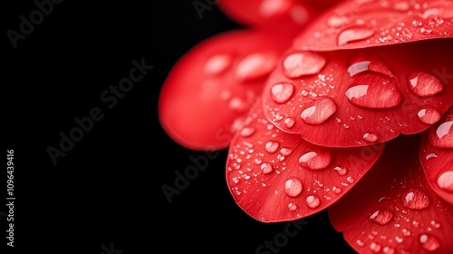  a vibrant red flower with water droplets glistening on its petals, set against a stark black background