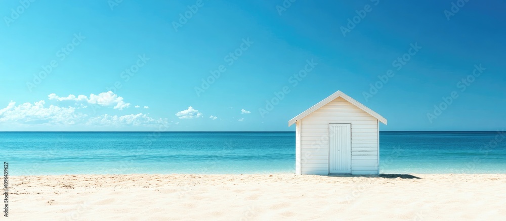 Serene white rescue hut on pristine sandy beach under clear blue sky inviting relaxation by the tranquil ocean on a sunny day Serene white rescue hut on pristine sandy beach under clear blue sky inviting relaxation by the tranquil ocean on a sunny day