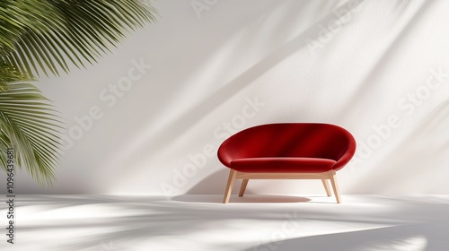  a red chair sitting in front of a white wall with a palm tree on the left side The chair has a sleek, modern design with a curved back and armrests, and is upholst photo