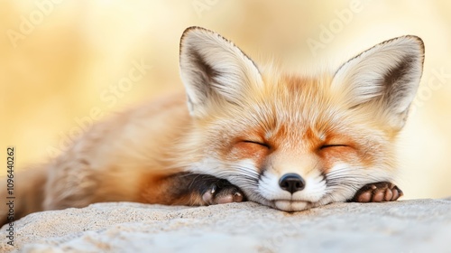  a red fox sleeping peacefully on top of a rock, with a blurred background