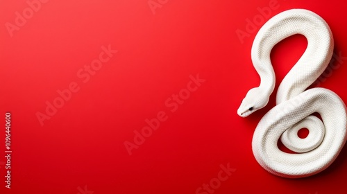  a white snake coiled up on a vibrant red background, creating a striking contrast between the two colors photo