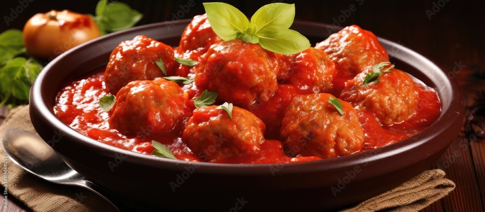 Delicious homemade meatballs in rich tomato sauce garnished with fresh herbs ideal for children's meals and family gatherings Delicious homemade meatballs in rich tomato sauce garnished with fresh herbs ideal for children's meals and family gatherings