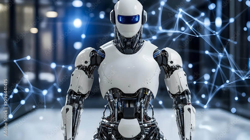 Advanced Robot Stands in Network Background Advanced Robot Stands in Network Background