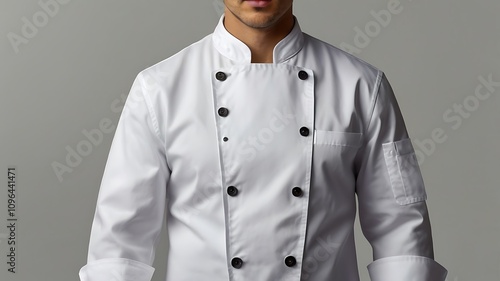 Blank white chef jacket with buttons, arranged for a clean mockup, with simple and professional appeal.