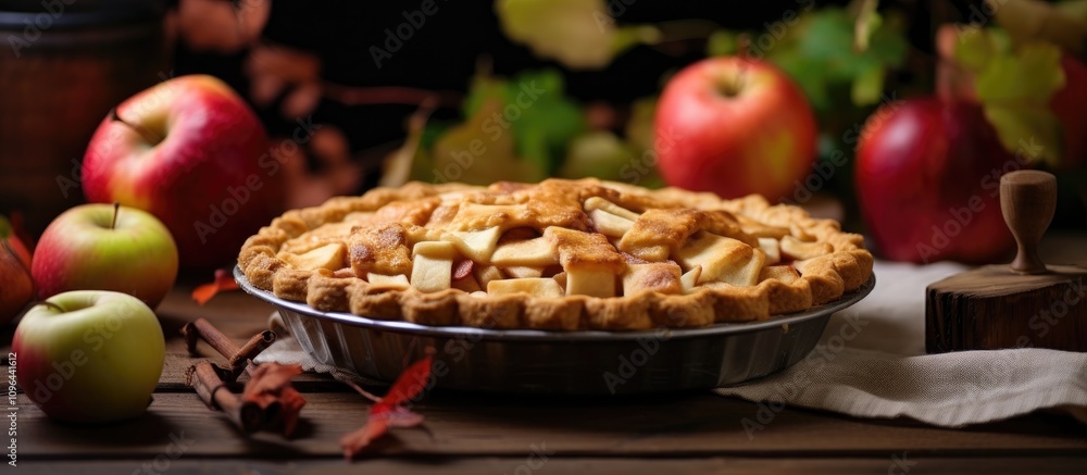 Homemade apple pie with cinnamon and fresh apples surrounded by autumn leaves and vibrant fruit on a rustic wooden table. Homemade apple pie with cinnamon and fresh apples surrounded by autumn leaves and vibrant fruit on a rustic wooden table.