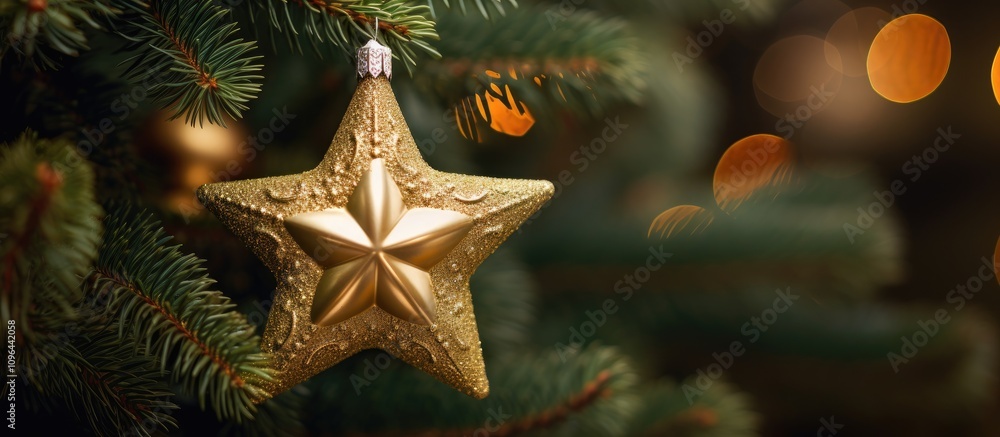 Gold star ornament hanging on spruce tree with blurred lights in background creating a festive holiday atmosphere closeup view Gold star ornament hanging on spruce tree with blurred lights in background creating a festive holiday atmosphere closeup view