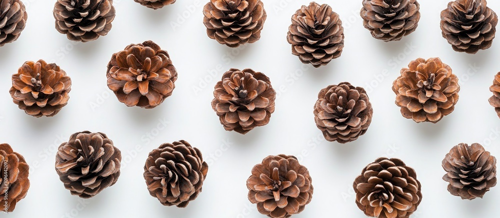 Pine Cones Arranged in a Symmetrical Pattern on a Bright White Background Pine Cones Arranged in a Symmetrical Pattern on a Bright White Background