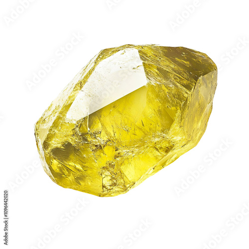 Top view of a hyperrealistic single uncut yellow diamond in an irregular shape isolated on a white transparent background