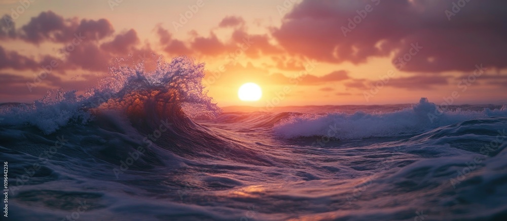 Obraz premium Tranquil sunset waves reflecting golden hues with dramatic clouds over a serene ocean landscape.