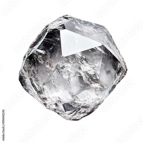 Top view of a hyperrealistic single uncut zircon in an irregular shape isolated on a white transparent background