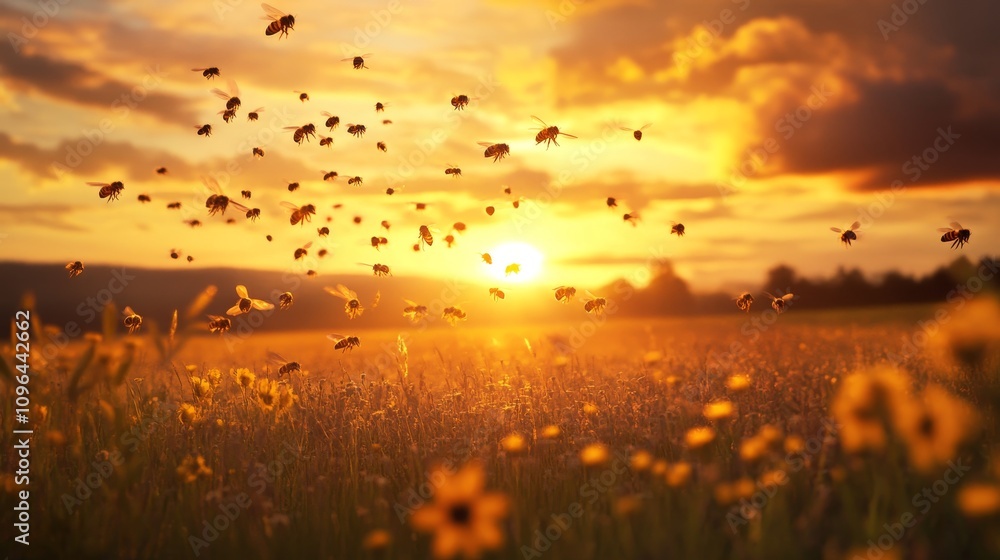 Obraz premium Golden Sunset Swarm: Bees in Flight - Bees fly at sunset, symbolizing nature, freedom, community, harmony, and the golden hour.