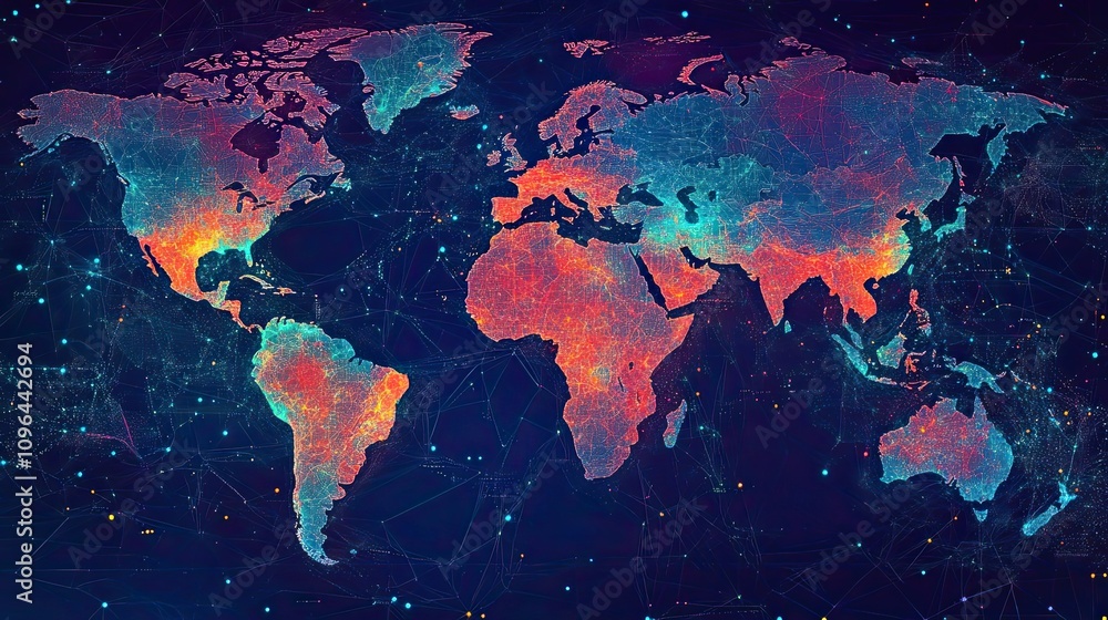 Naklejka premium A World Map with Interconnected Lines and Glowing Points