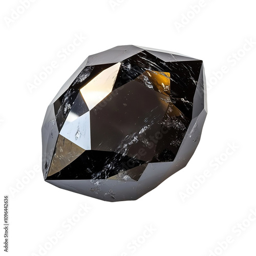 Top view of a hyperrealistic single uncut black diamond in an irregular shape isolated on a white transparent background