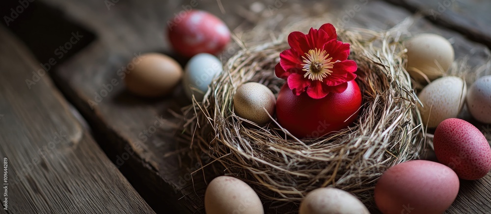 Rustic Easter decoration with a scarlet egg and flower in a straw nest surrounded by multicolored eggs on a wooden surface Rustic Easter decoration with a scarlet egg and flower in a straw nest surrounded by multicolored eggs on a wooden surface
